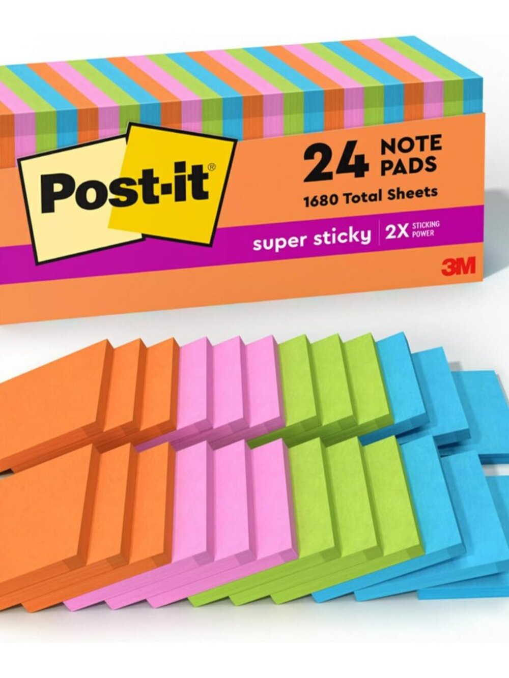 Super Sticky Notes, 3 x 3 in., Neon Fizz, 24 Pads